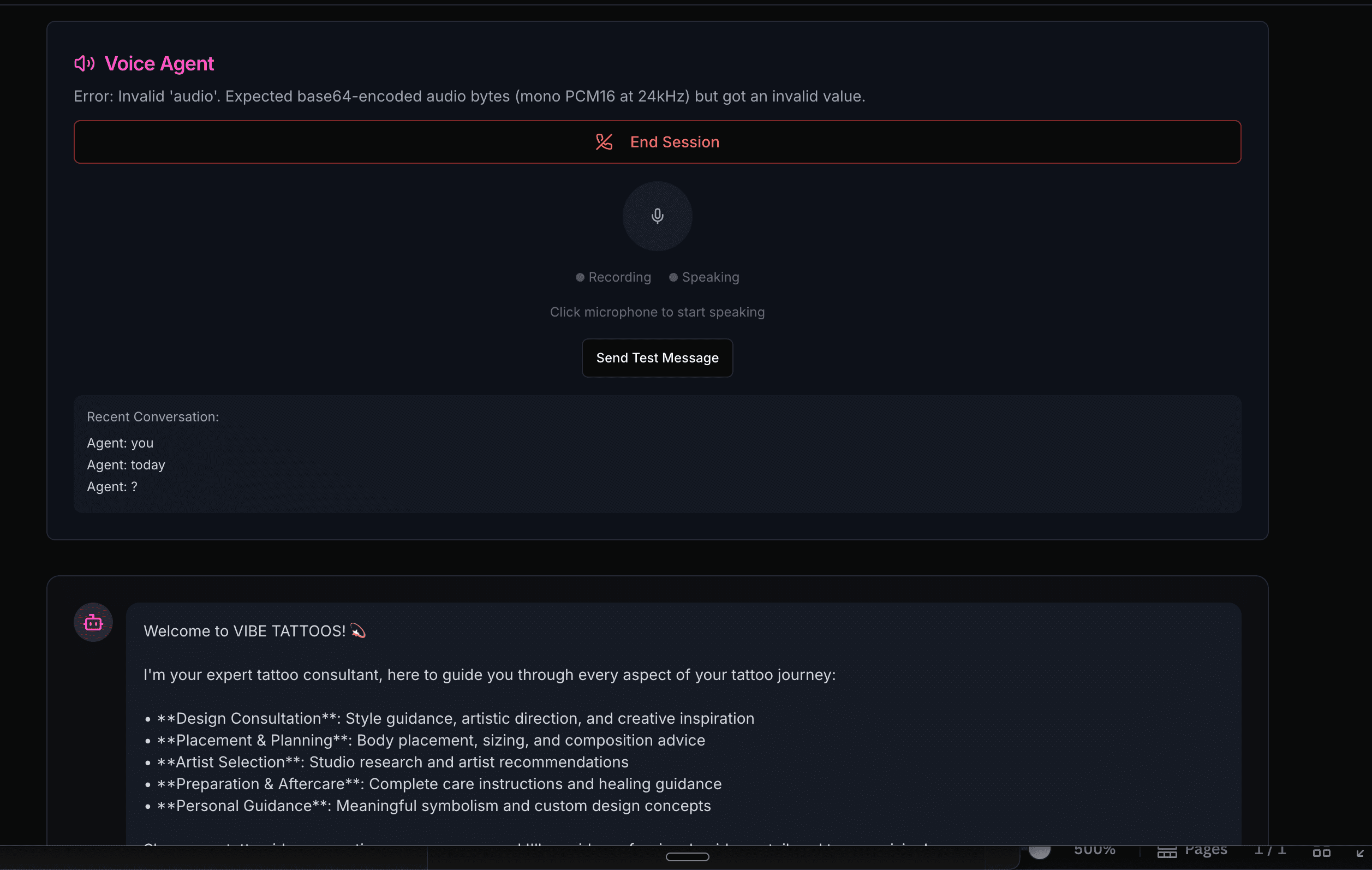 Vibe Tattoos application screenshot showing the tattoo design interface